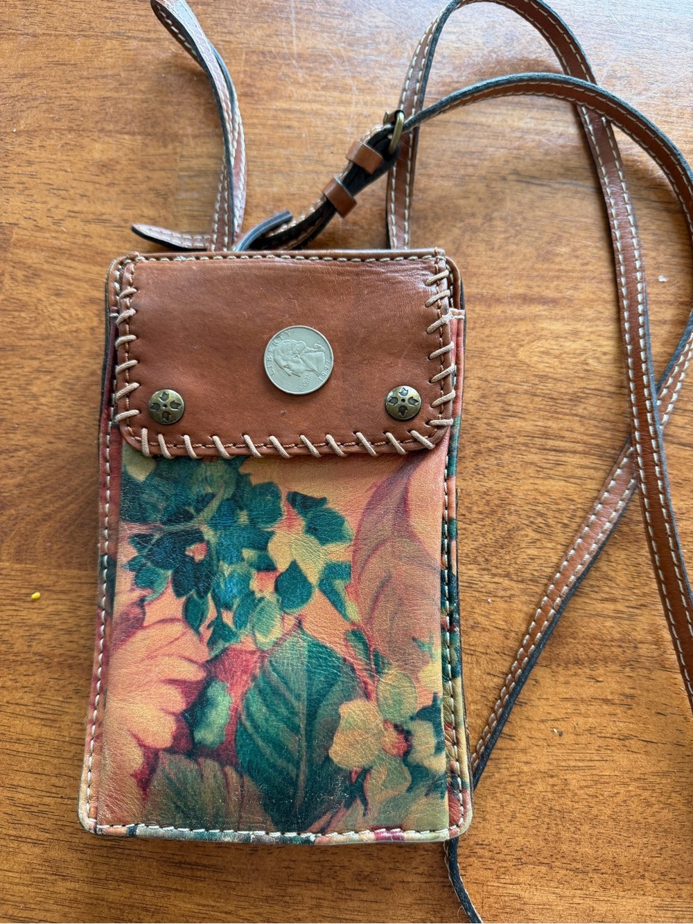 Patricia Nash Floral Leather  Crossbody Bag purse with Brown Leather Trim